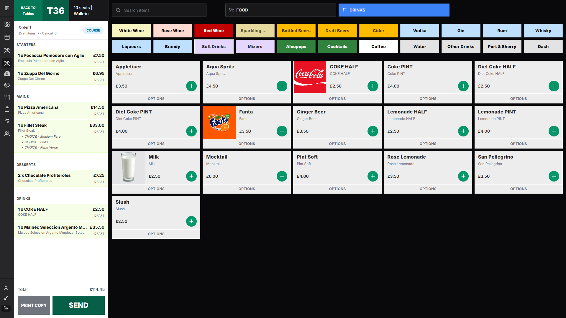 BOHPOS order page showing table ordering workflow